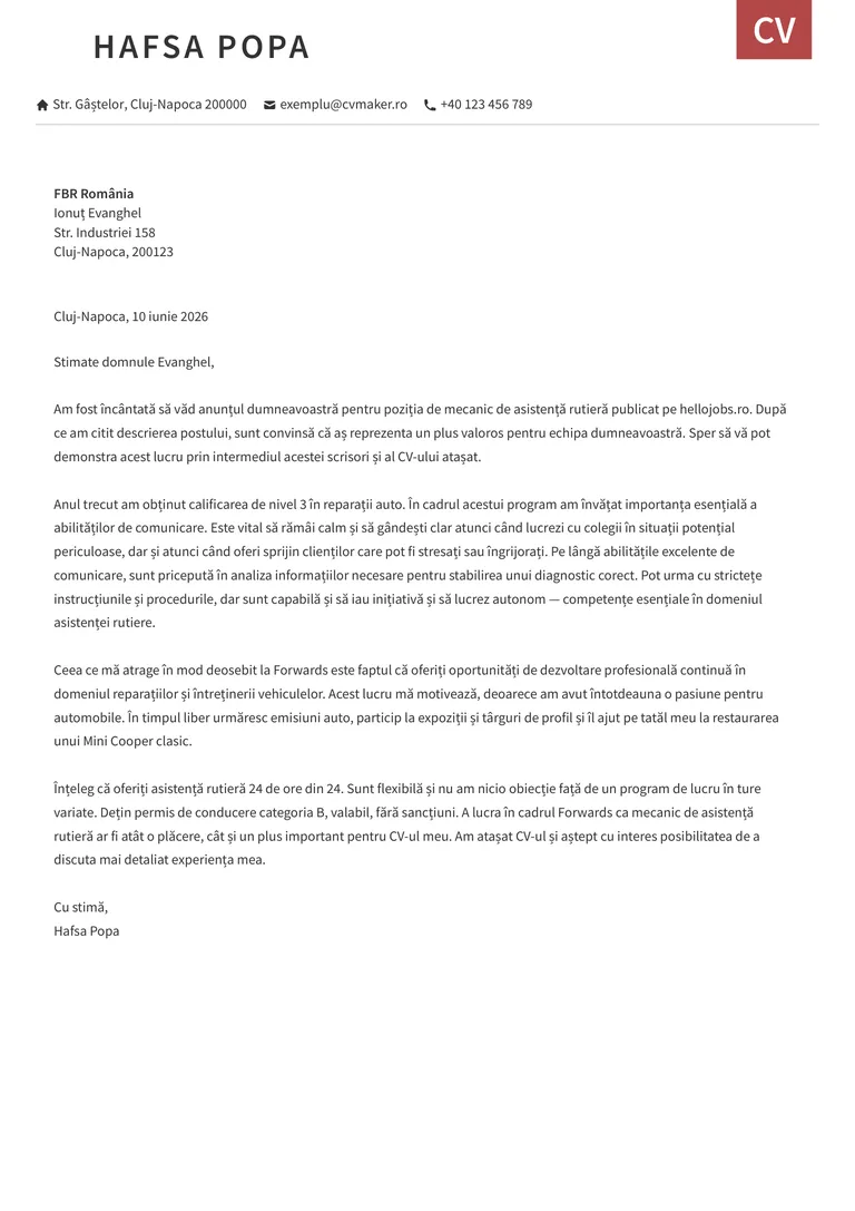 scrisoare de intentie mecanic asistenta rutiera