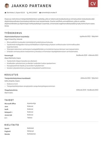Opiskelijan CV-esimerkki