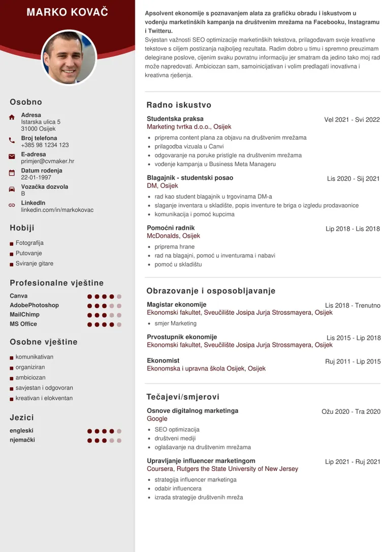 Primjer životopisa – životopis za studente