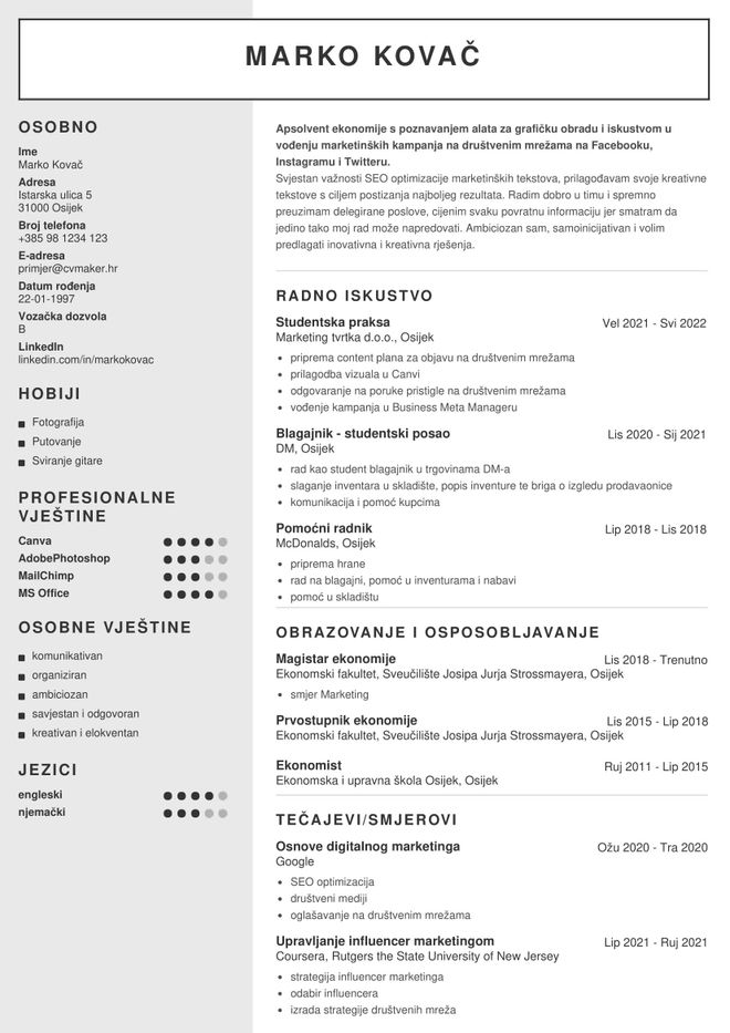 Primjer životopisa – student