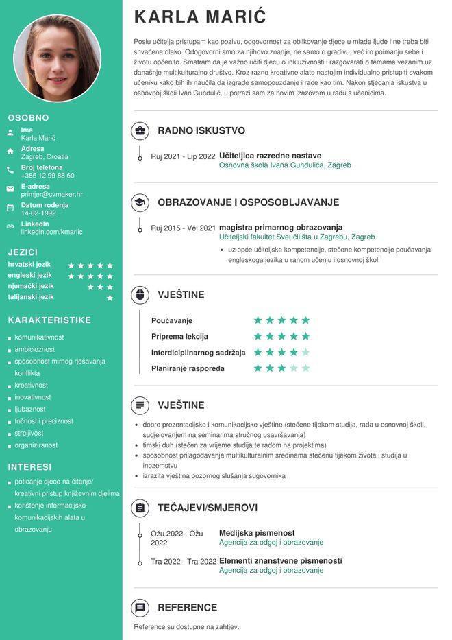 Primjer CV-a za učiteljicu u osnovnoj školi