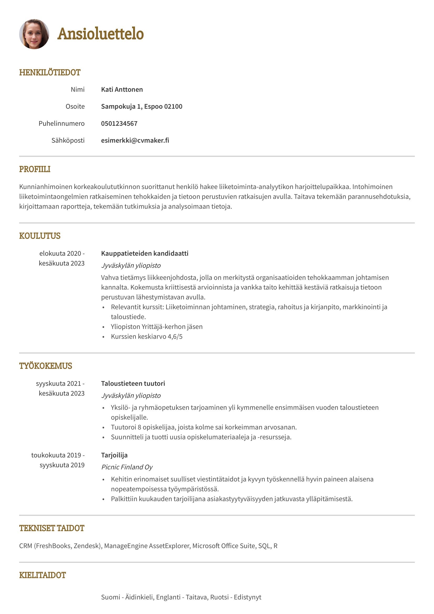 CV-esimerkki työharjoitteluun