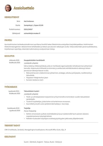 CV-esimerkki työharjoitteluun