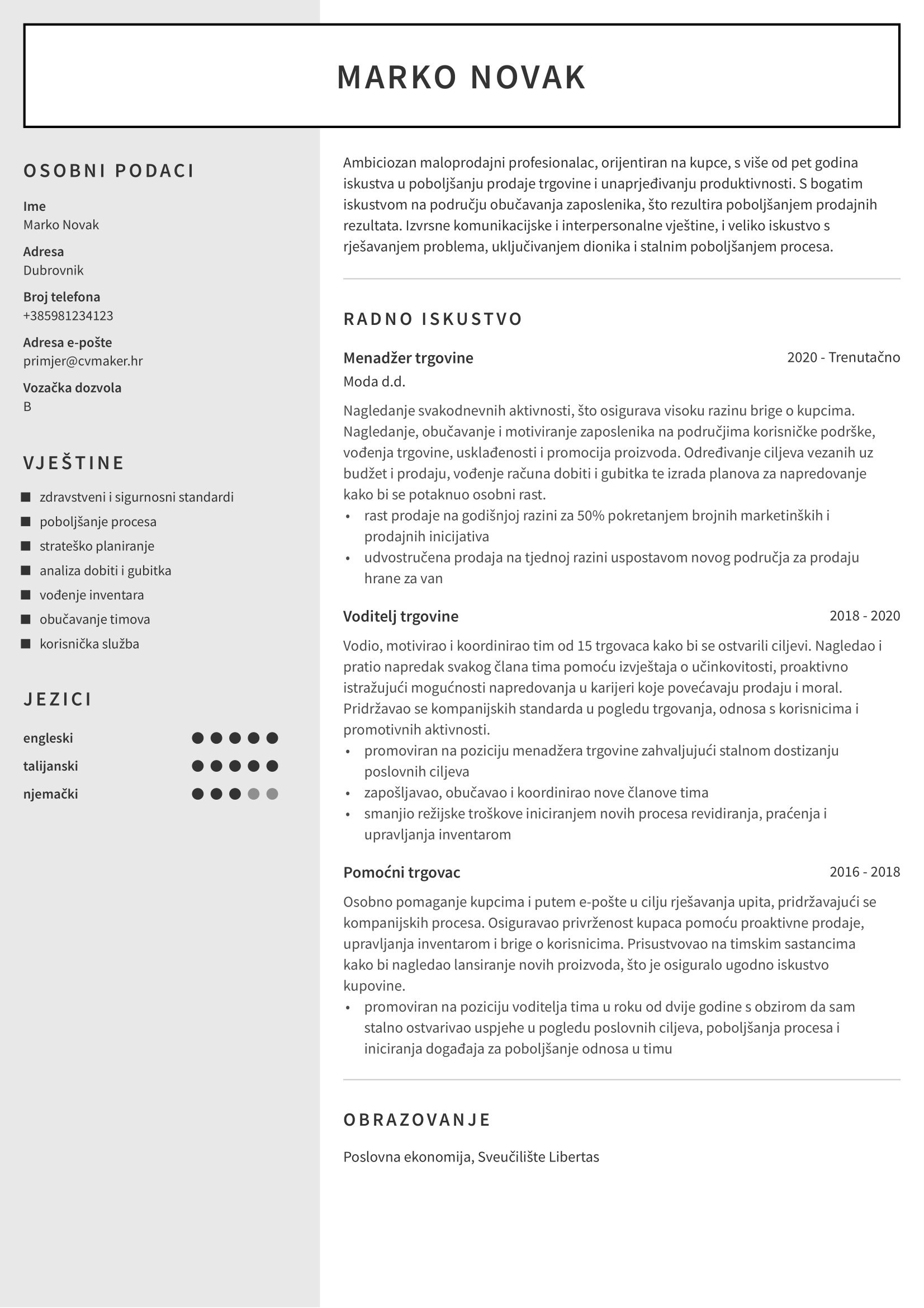 Životopis za trgovca primjer