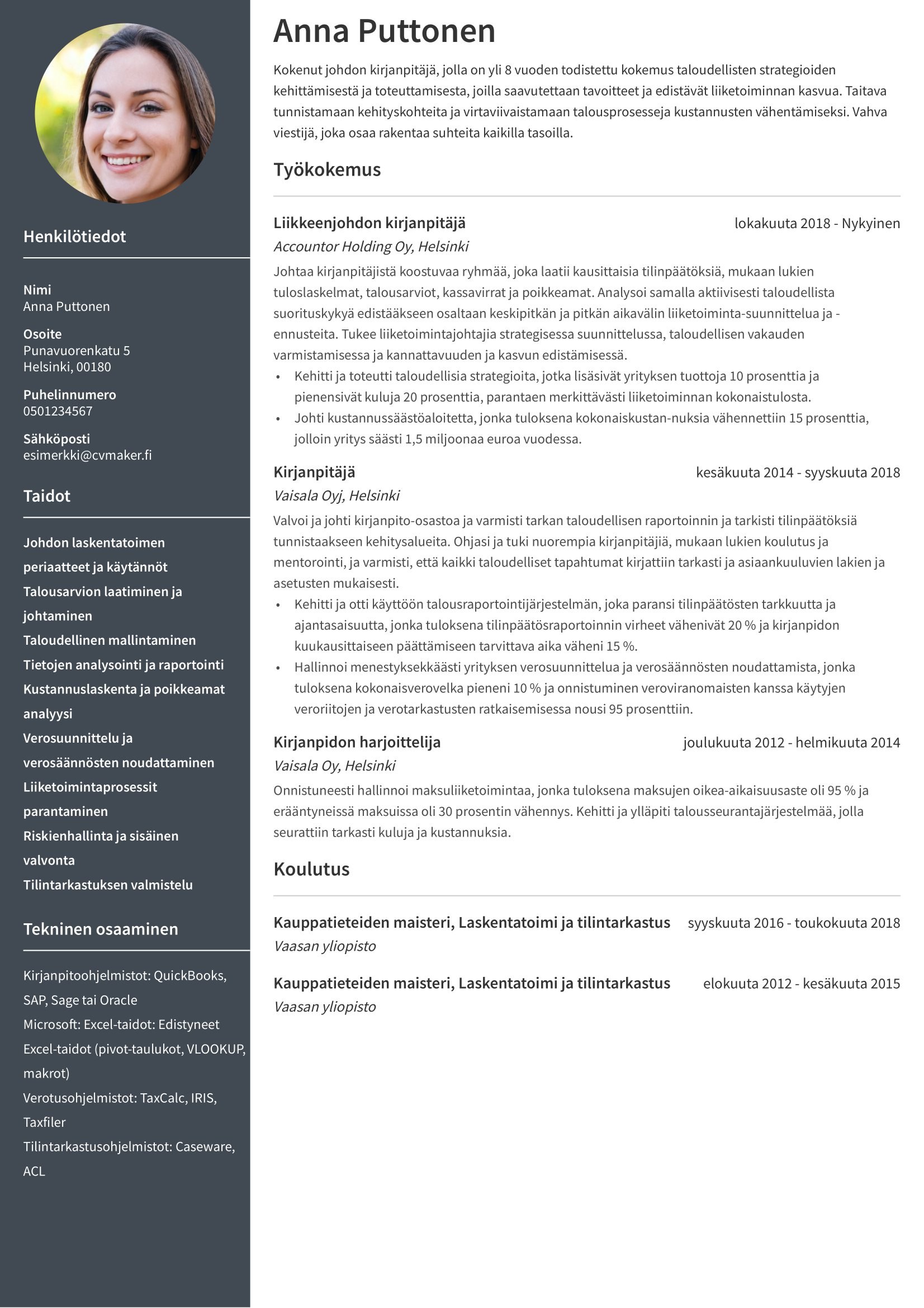 Kirjanpitäjän CV-esimerkki