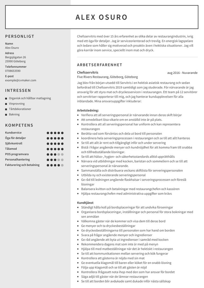Servitris CV exempel