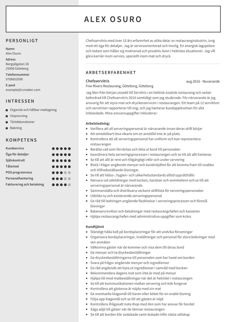 Servitris CV exempel