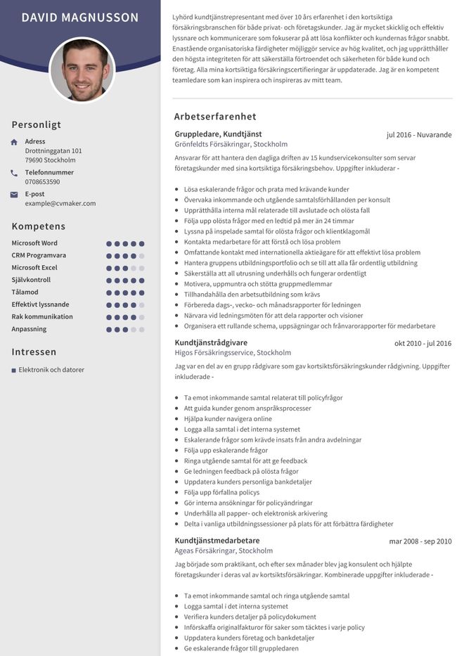 Exempel på kundtjänst-CV