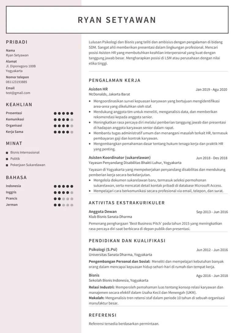 Contoh CV mahasiswa – lulusan S1 yang mencari posisi SDM