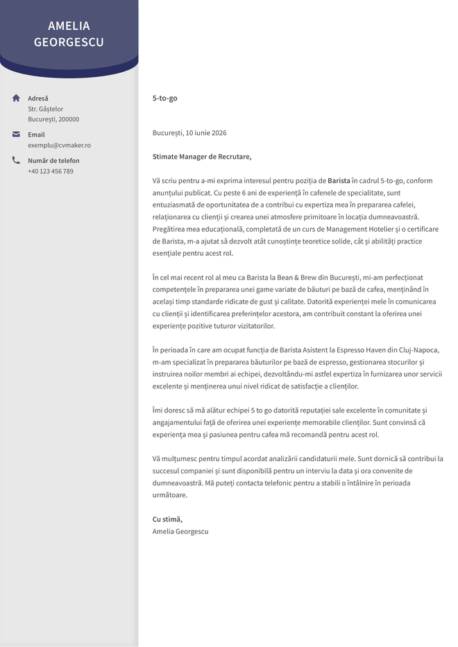 Exemplu de scrisoare de intenție scurtă pentru barista