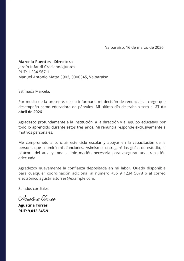 Ejemplo de Carta de renuncia voluntaria de diseño propio