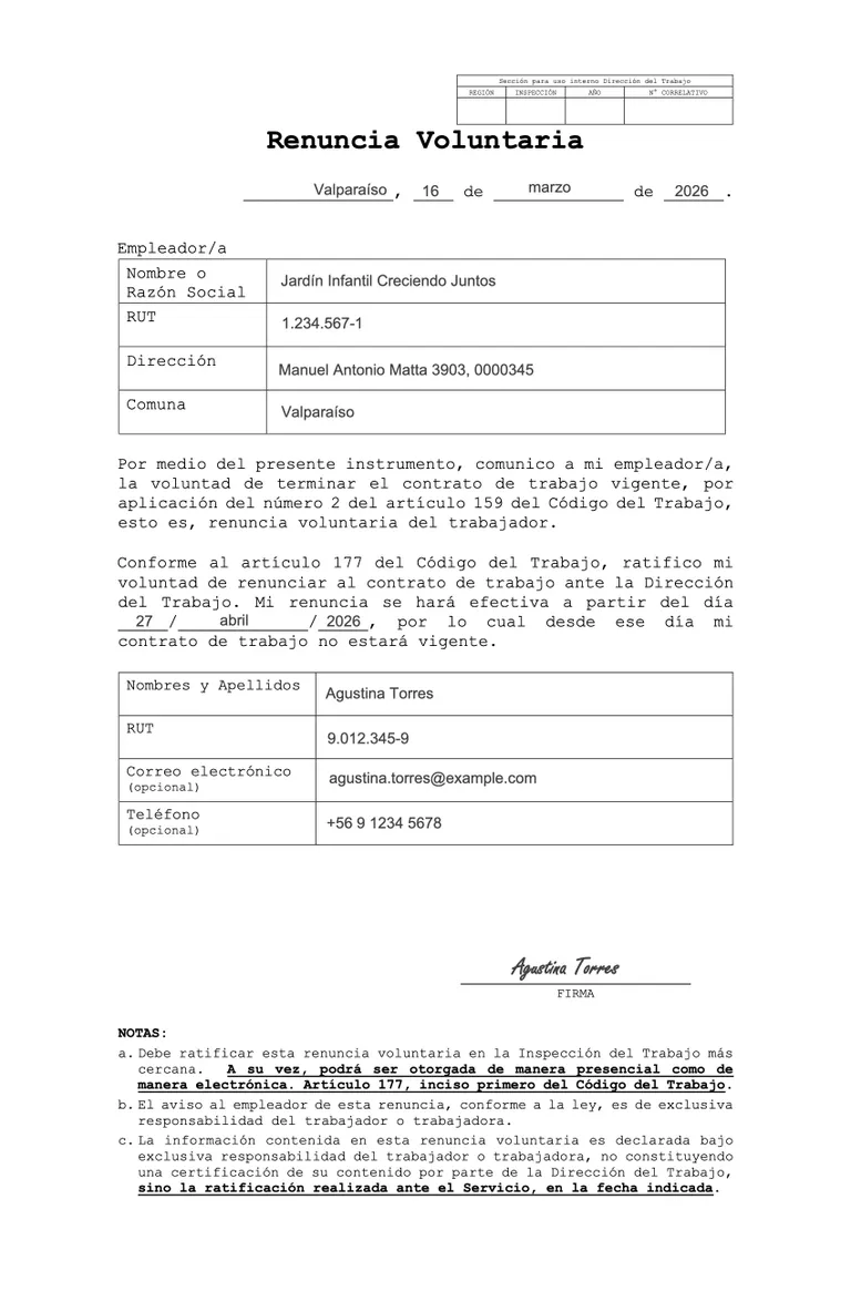 Ejemplo de carta de renuncia voluntaria según el modelo oficial