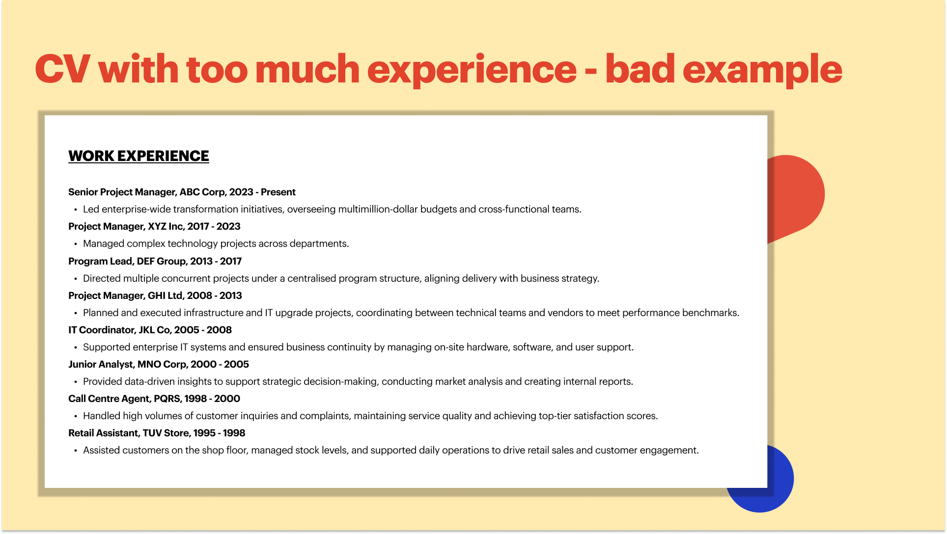 CV with too much experience bad example