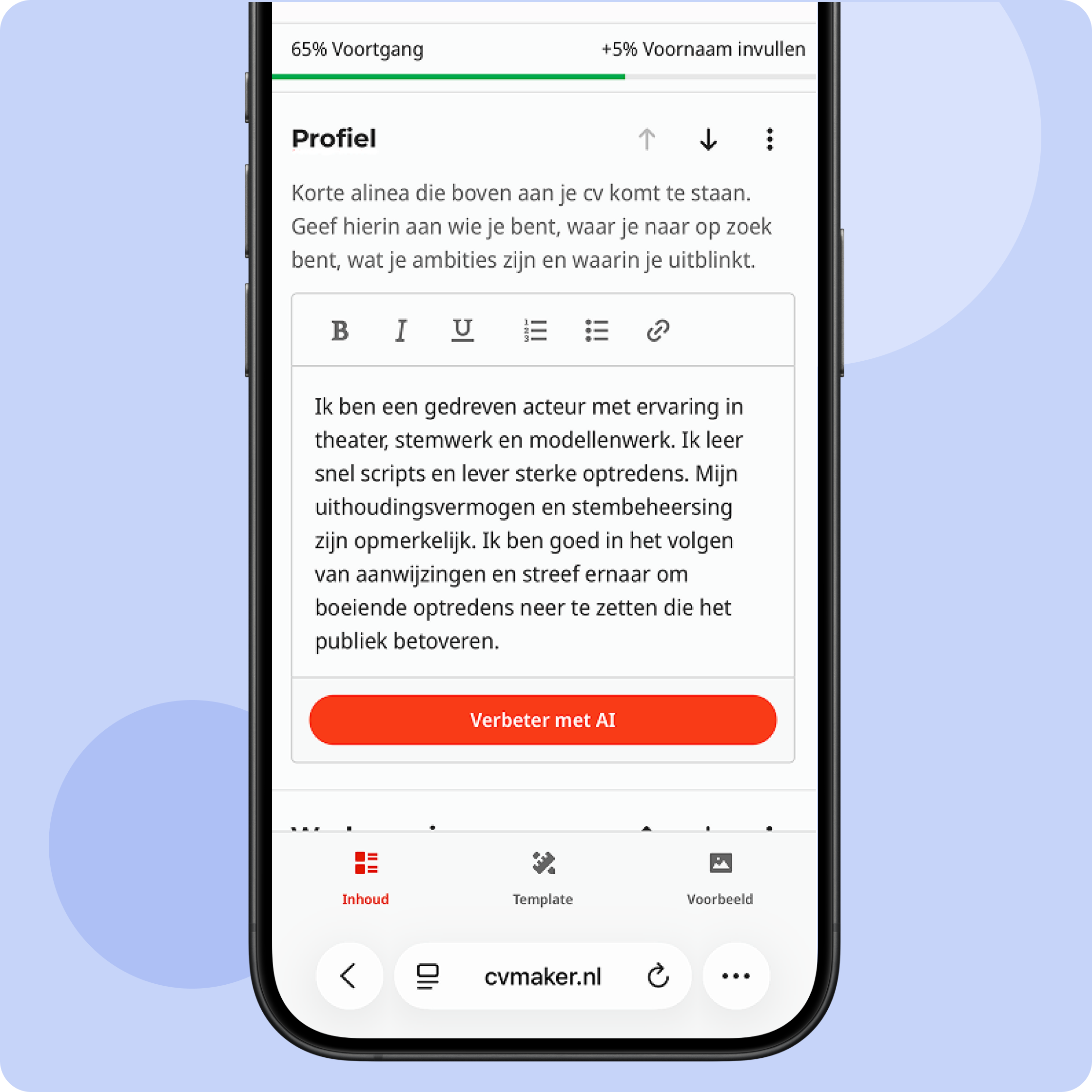 Persoonlijk profiel telefoon cv