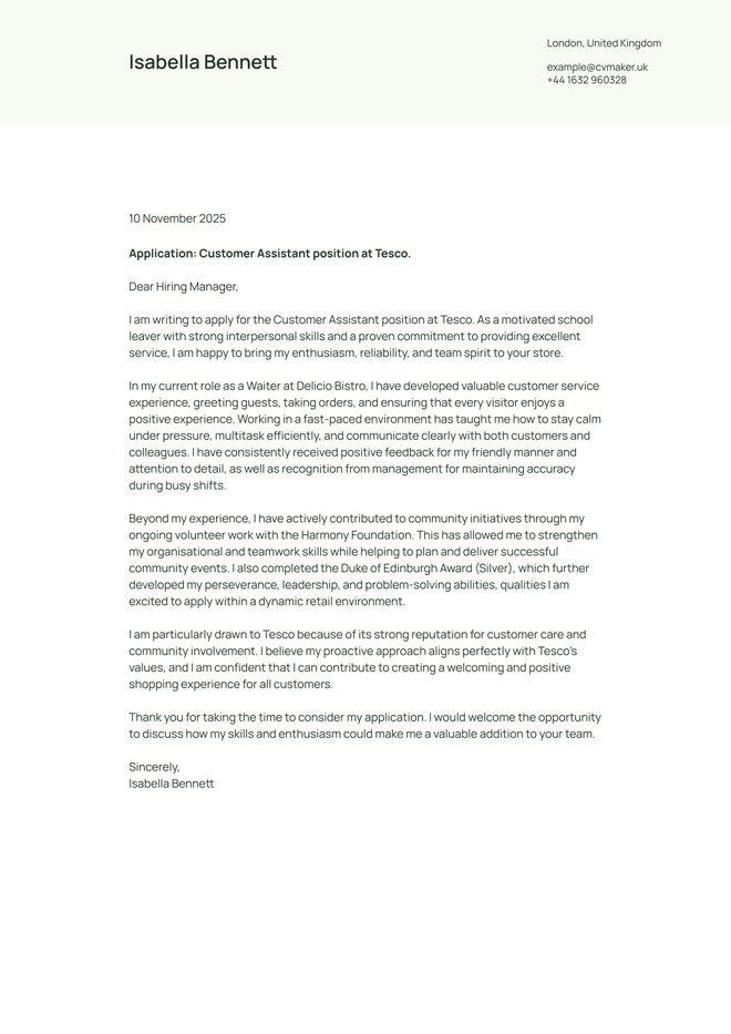 school leaver cover letter example and template