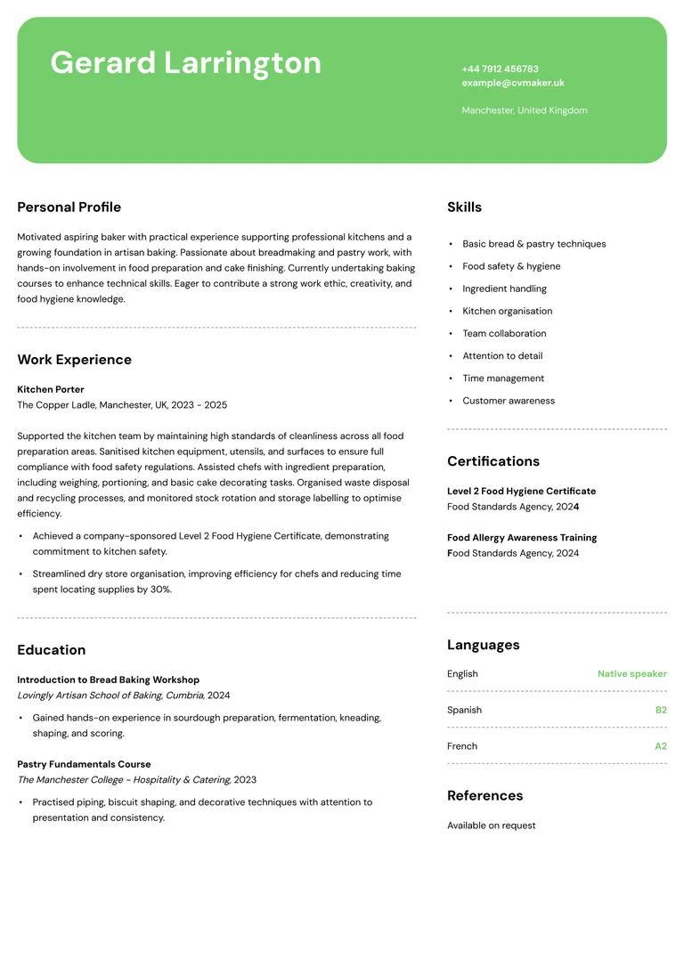 baker CV with no experience