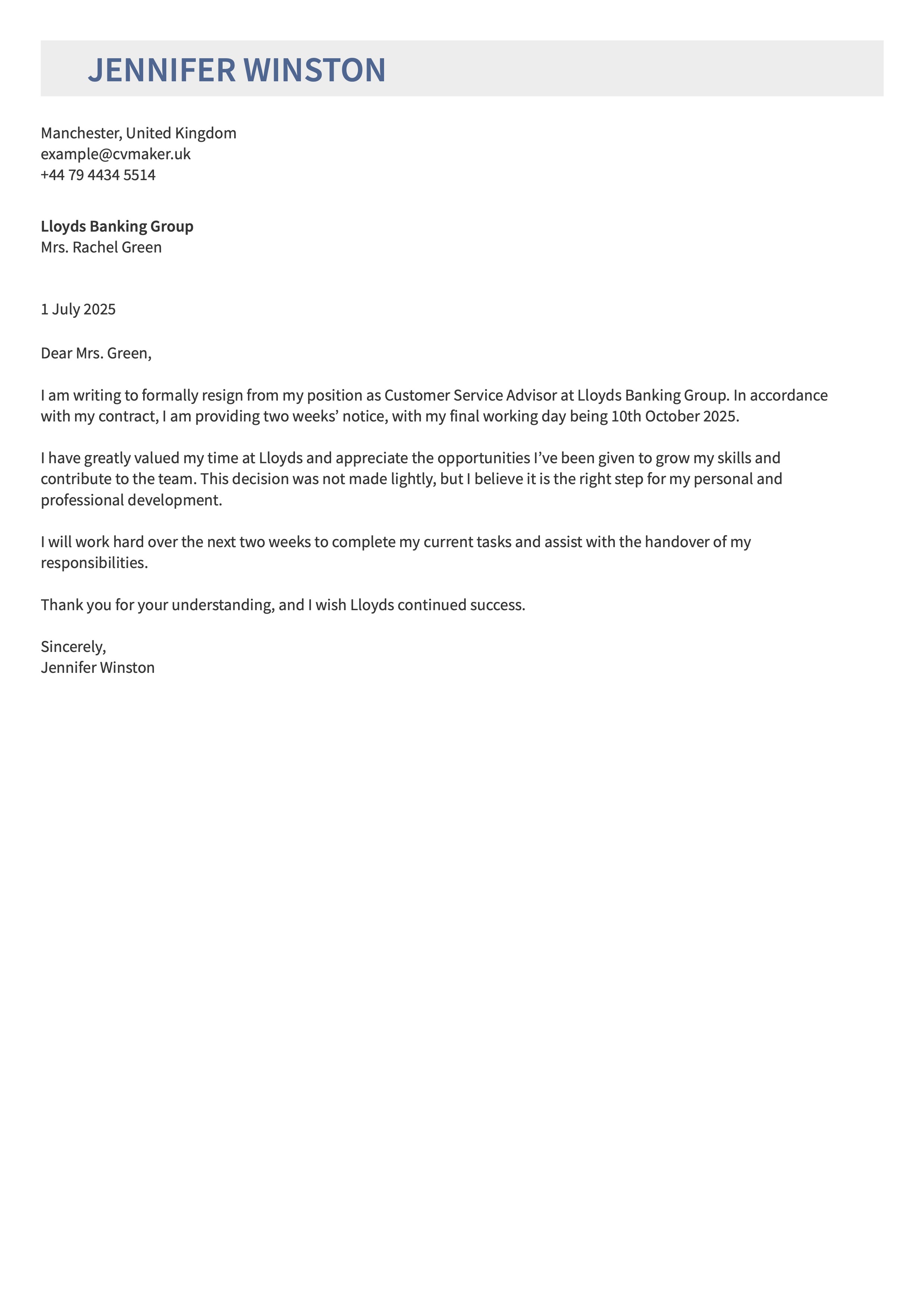 resignation letter two week notice example