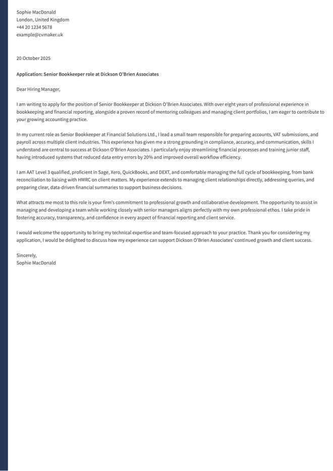 bookkeeper cover letter example