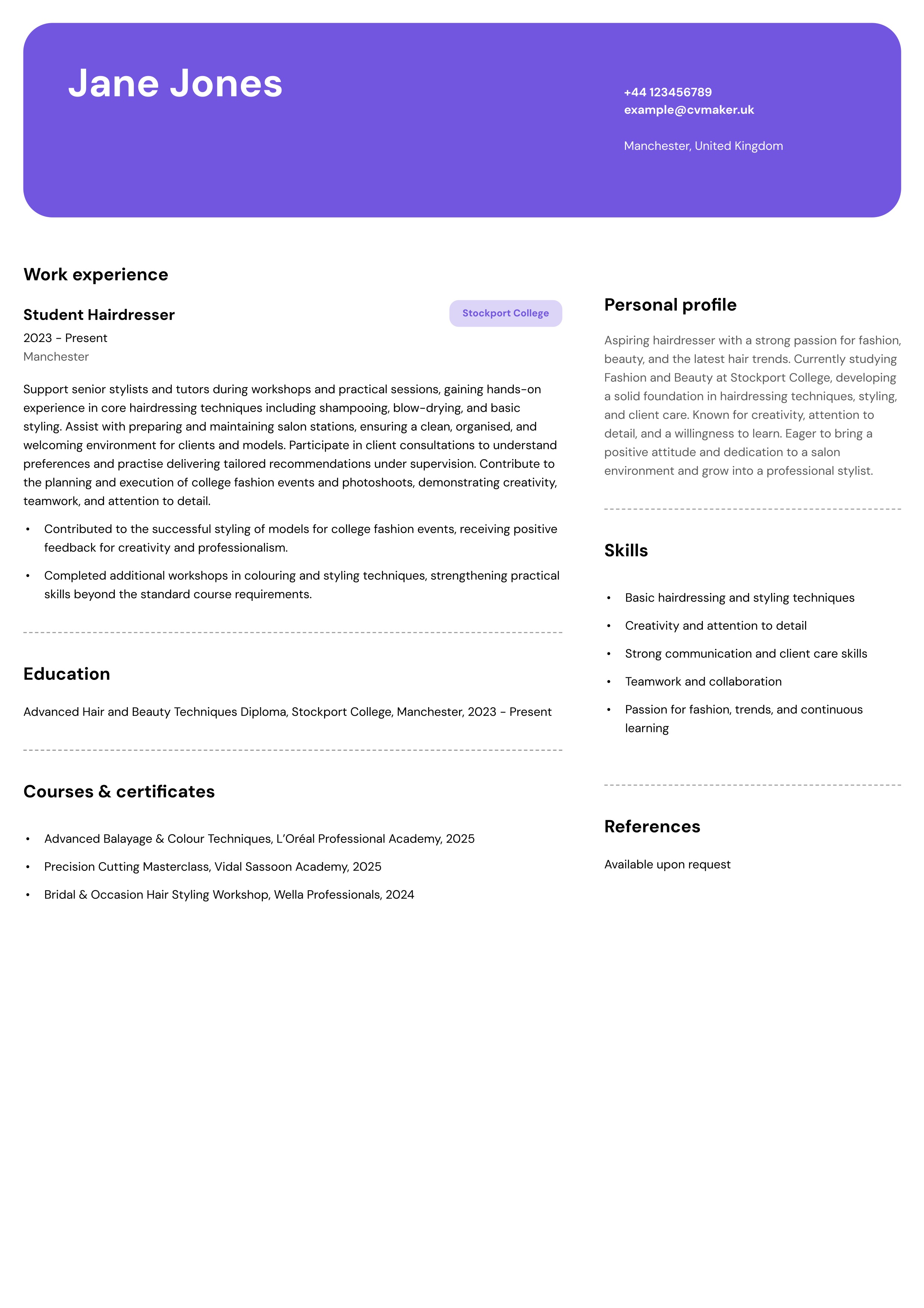 hairdresser cv example with no experience