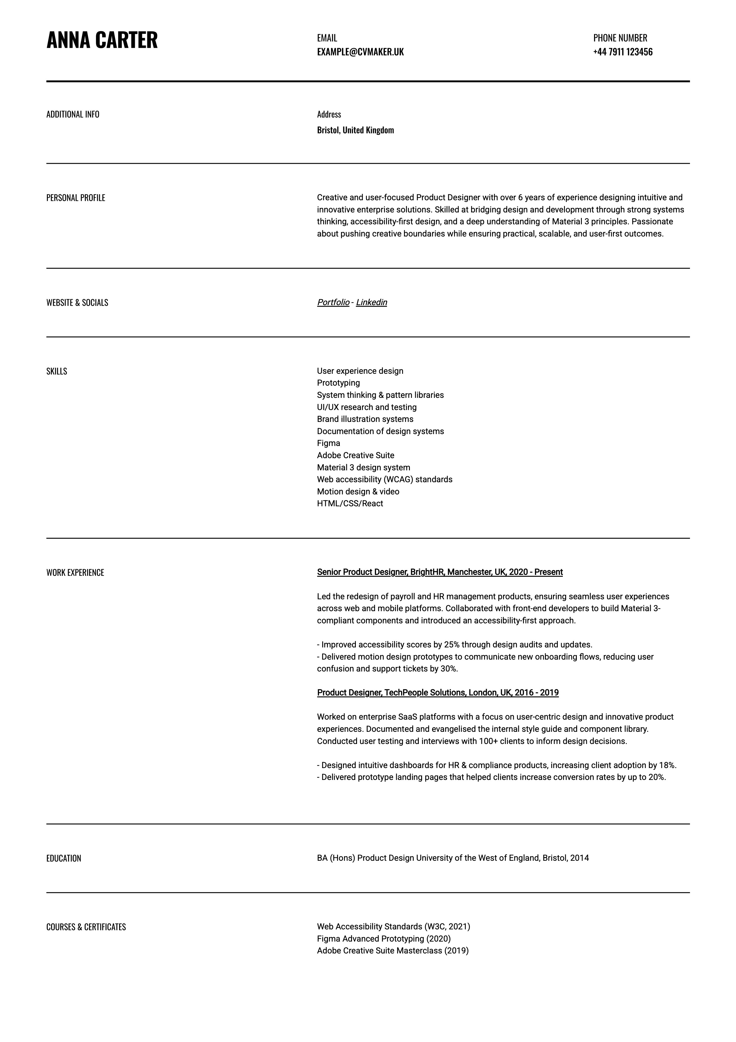 product designer CV example