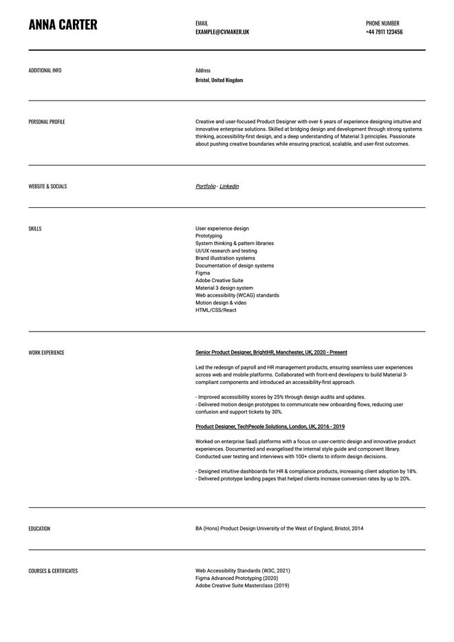 product designer CV example
