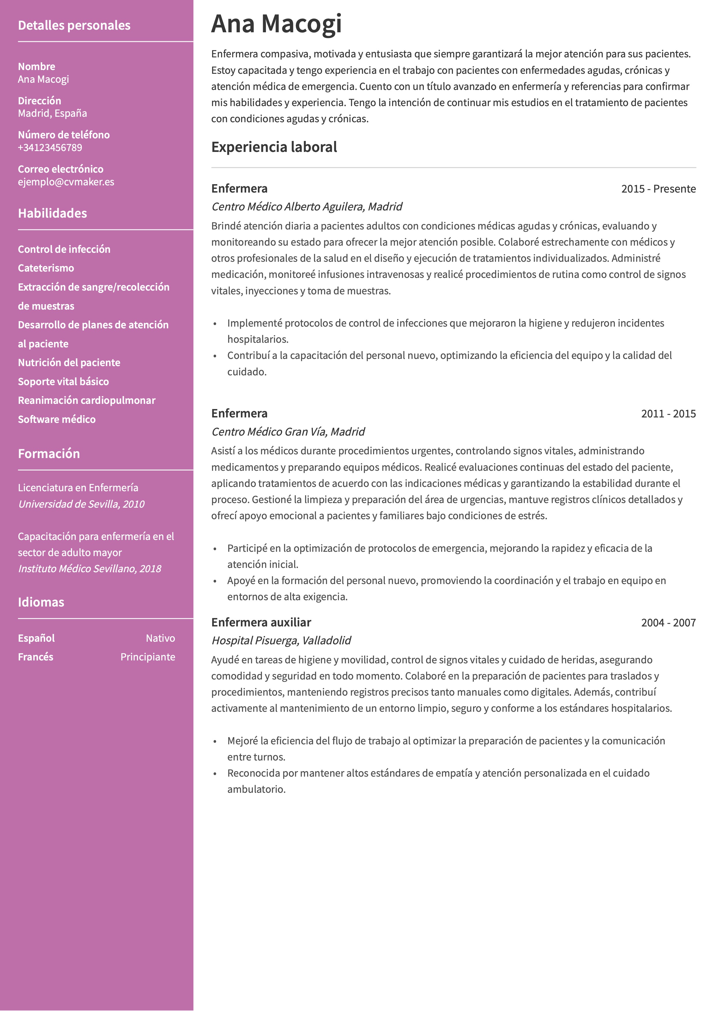 cv ejemplo enfermera