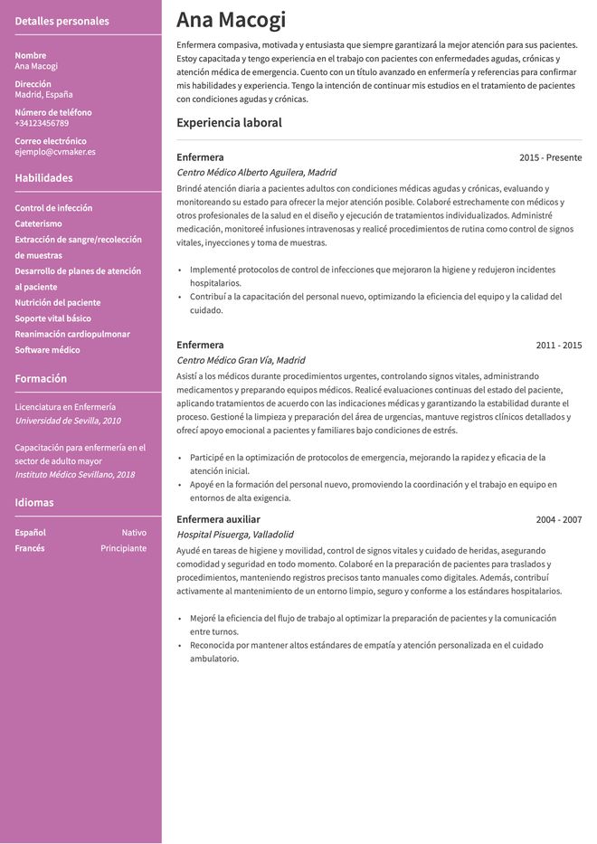 cv ejemplo enfermera