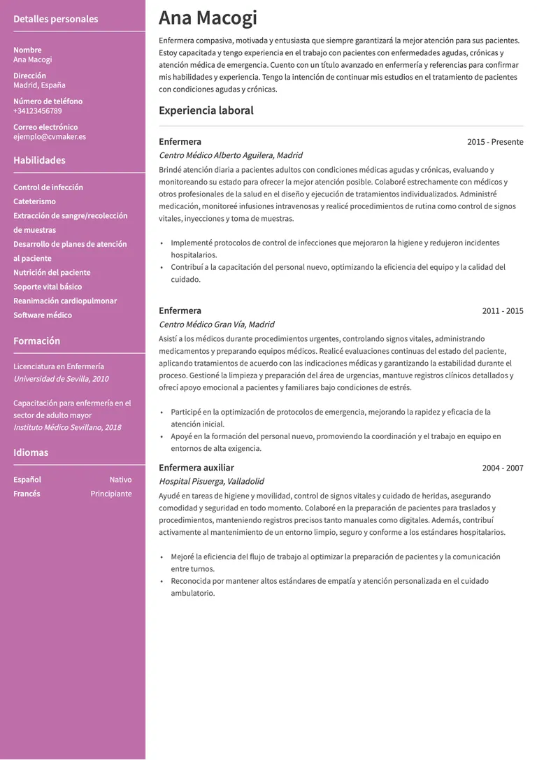 cv ejemplo enfermera