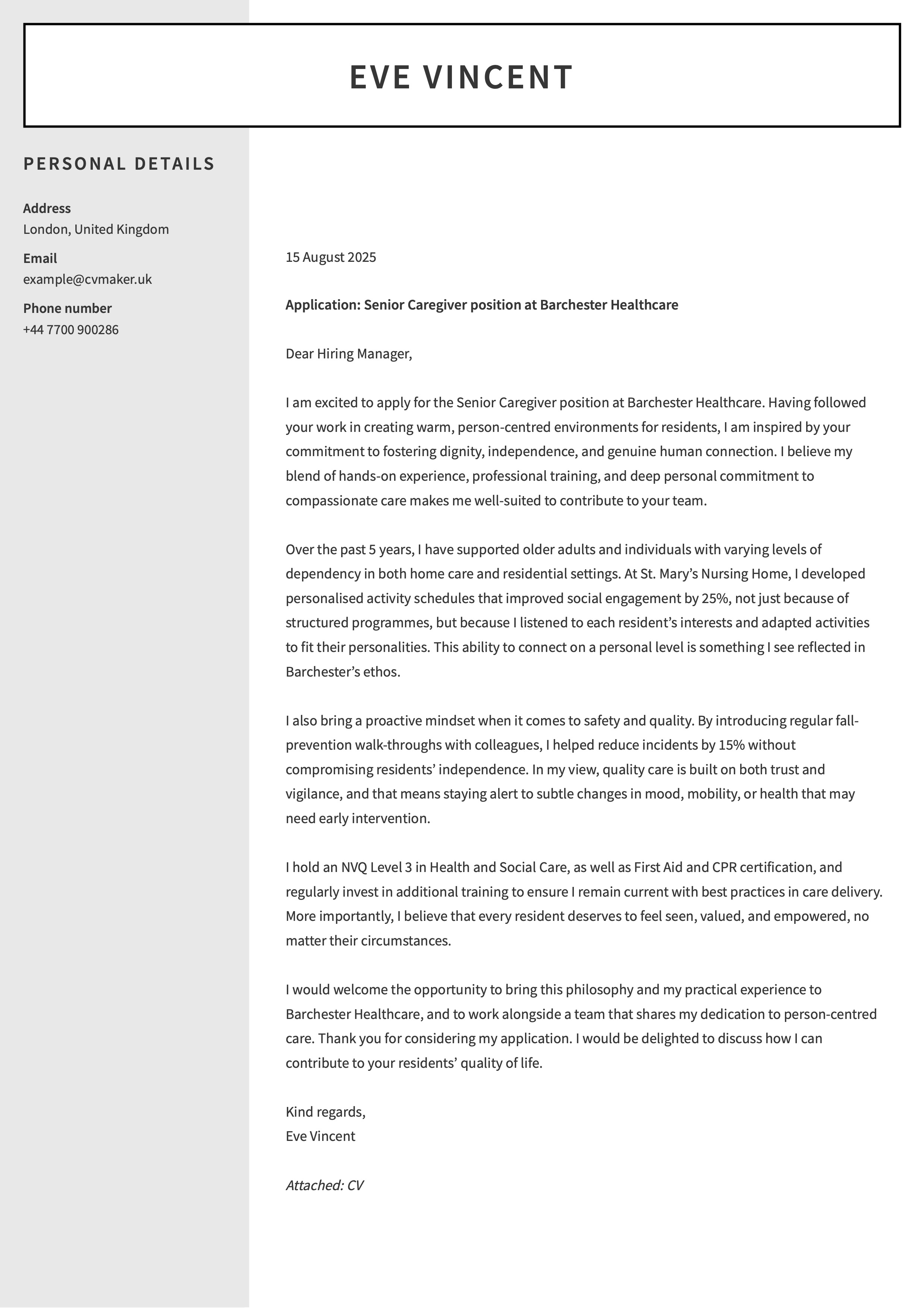 caregiver cover letter example