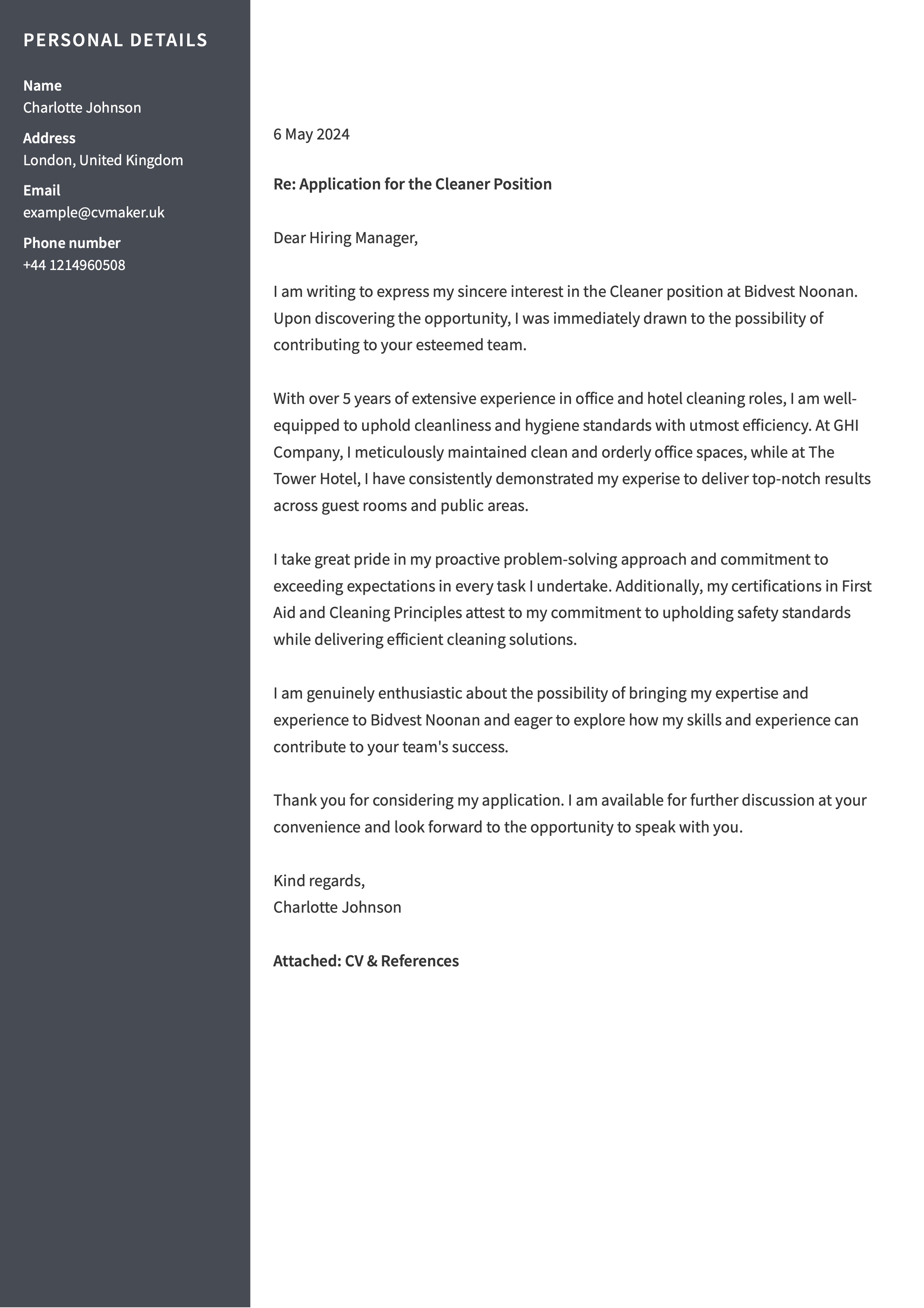 cleaner cover letter example