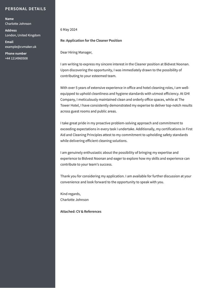 cleaner cover letter example