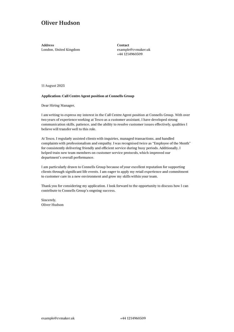 Call centre cover letter example no experience