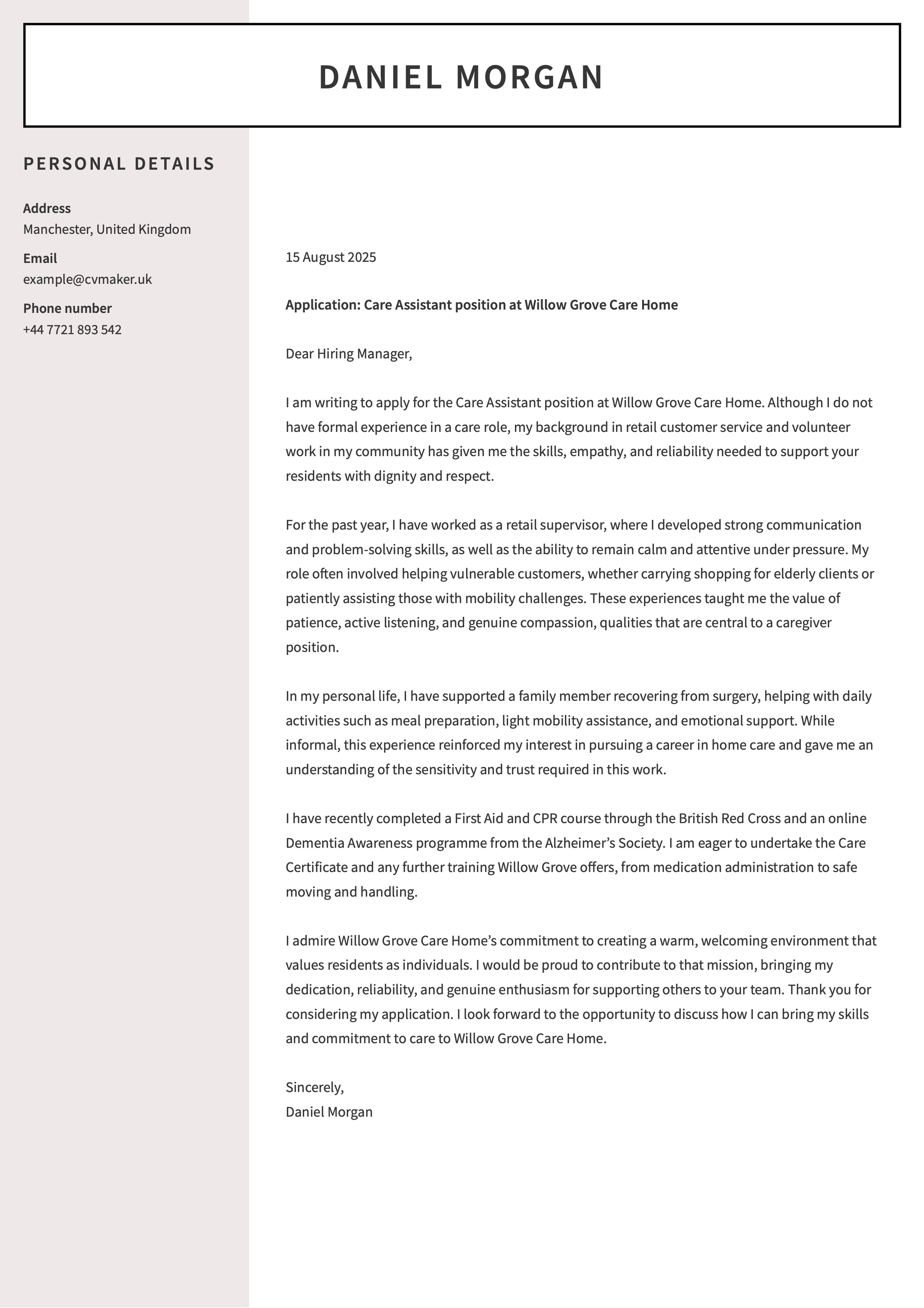 caregiver cover letter with no experience example