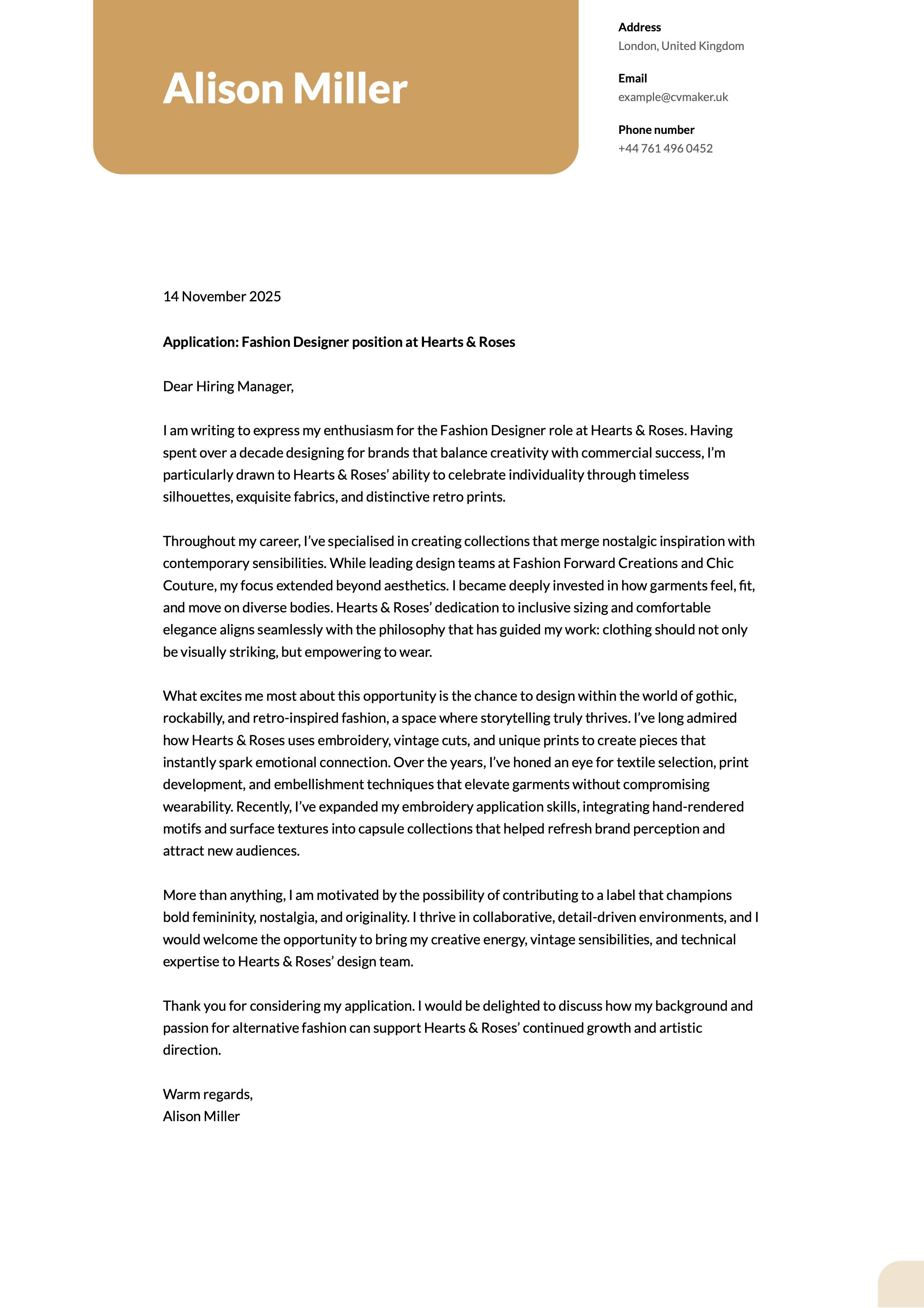 Fashion Designer Cover Letter