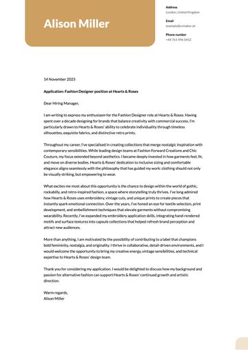 fashion designer cover letter example