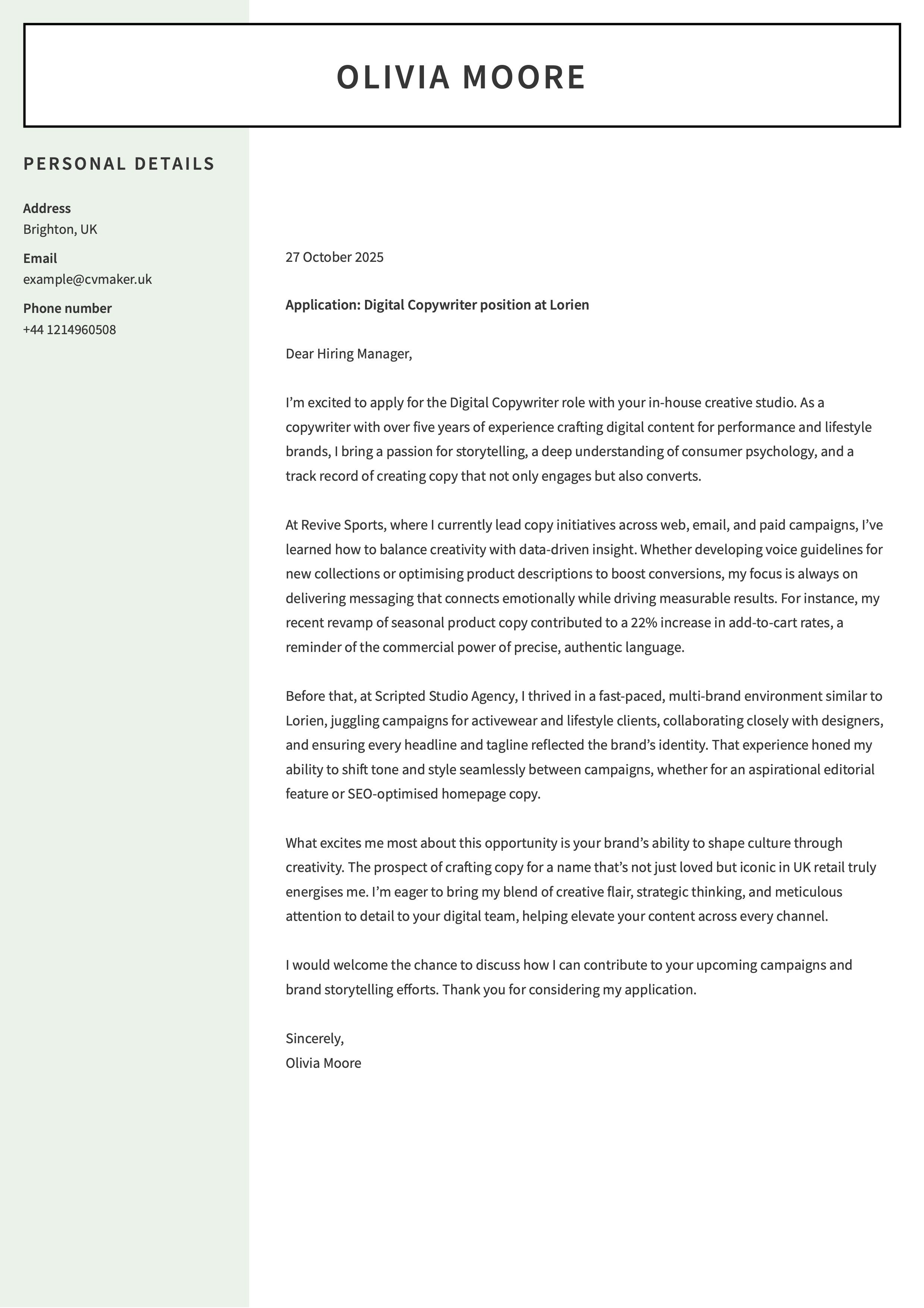 Copywriter Cover Letter