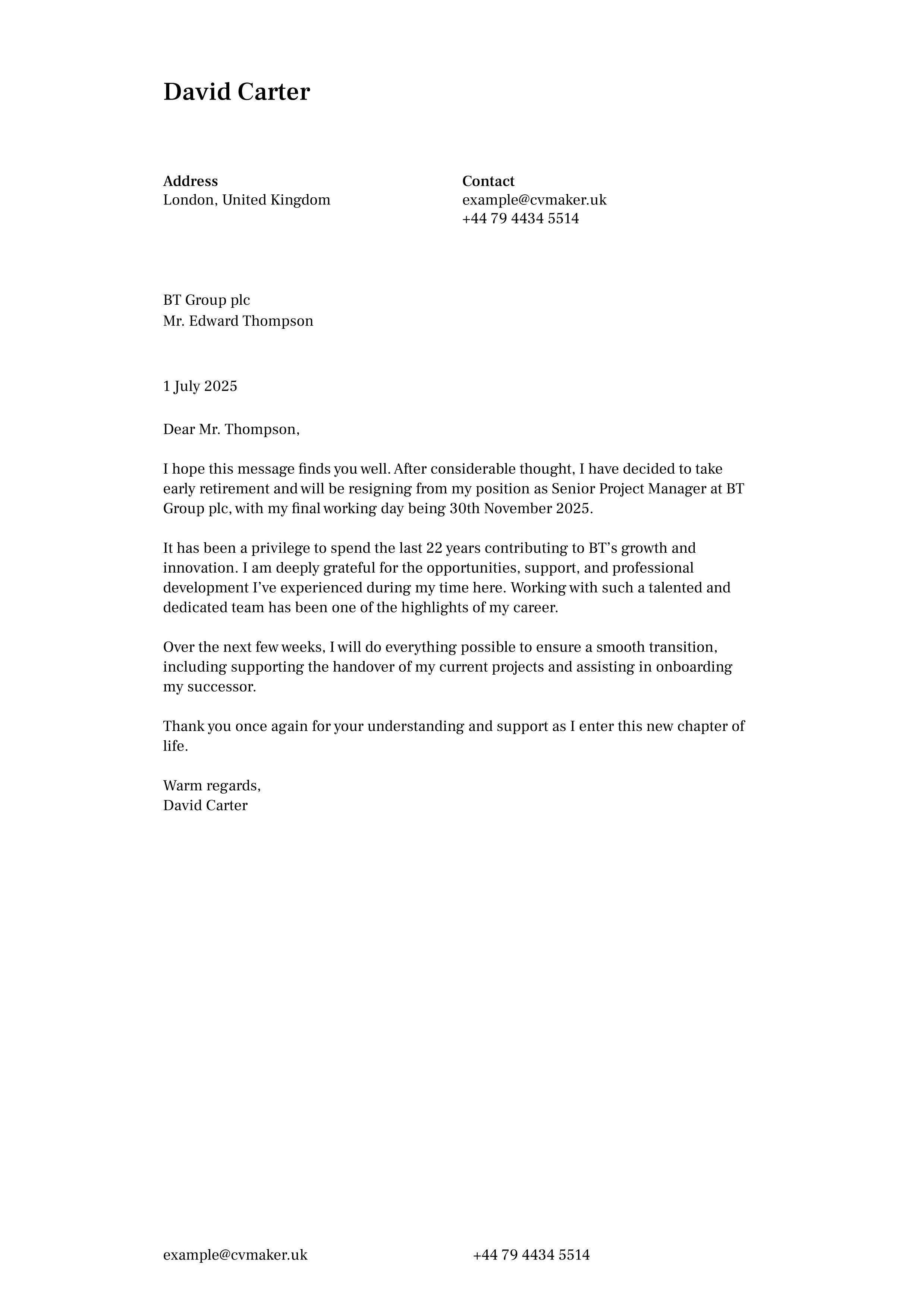 resignation letter example for retirement
