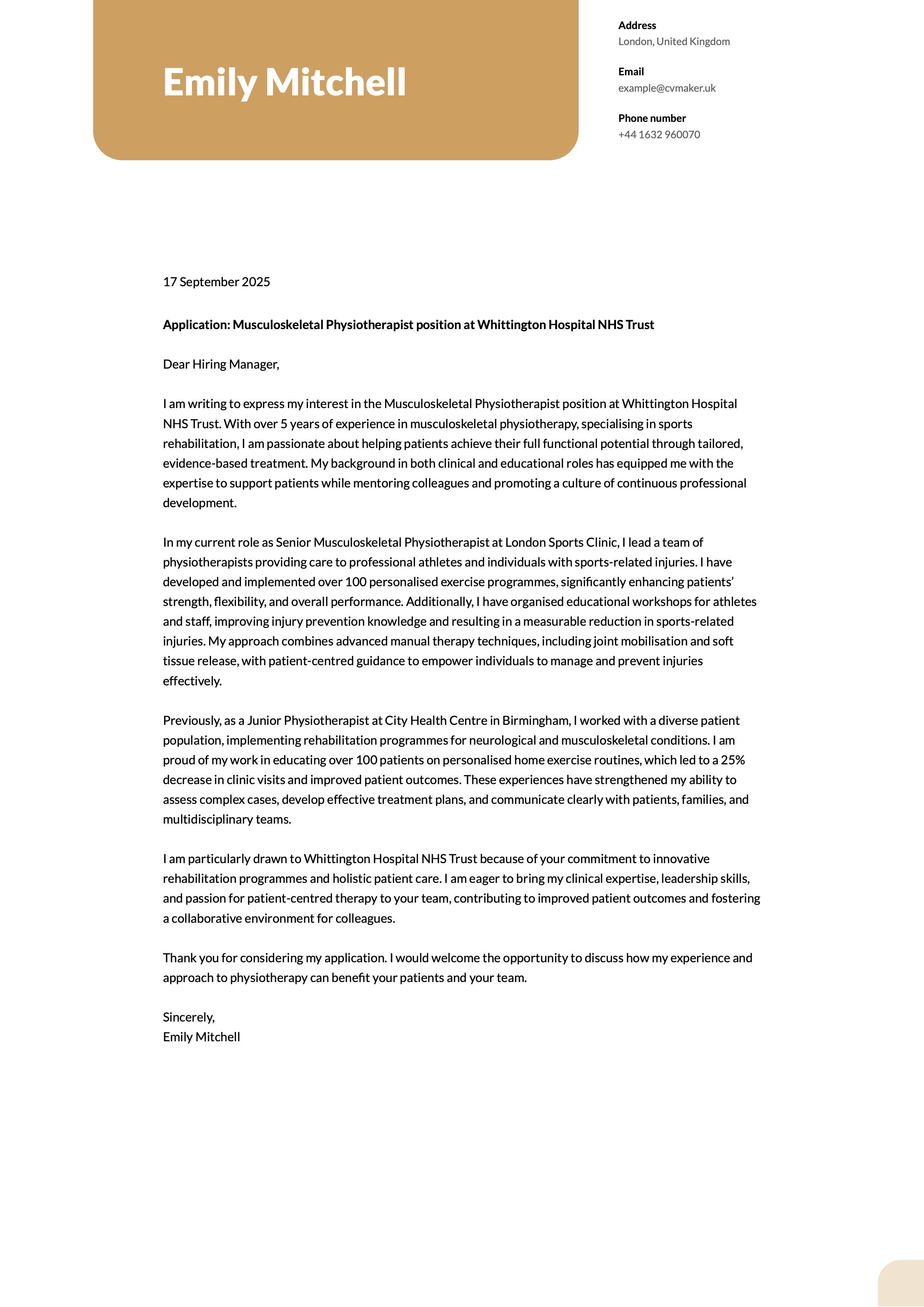 Physiotherapist Cover Letter