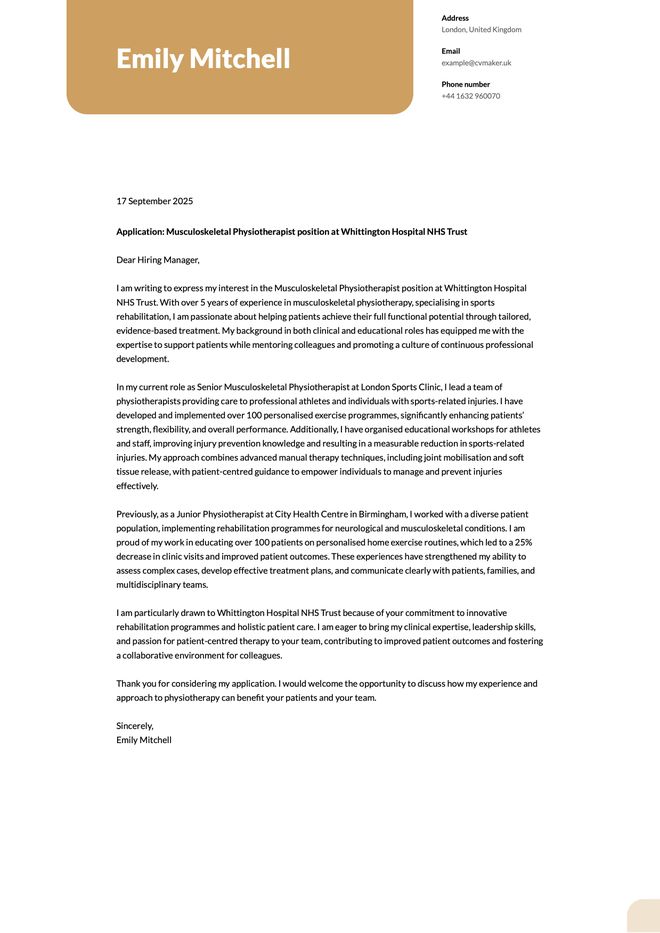 physiotherapist cover letter example