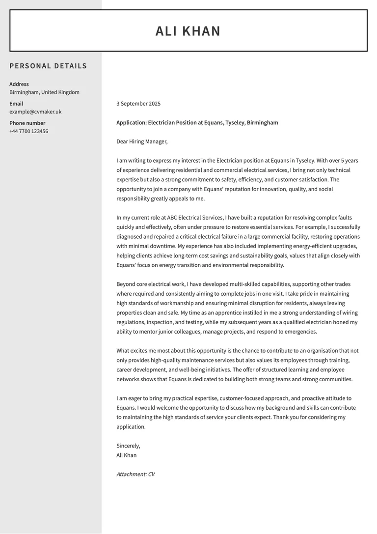 electrician cover letter example