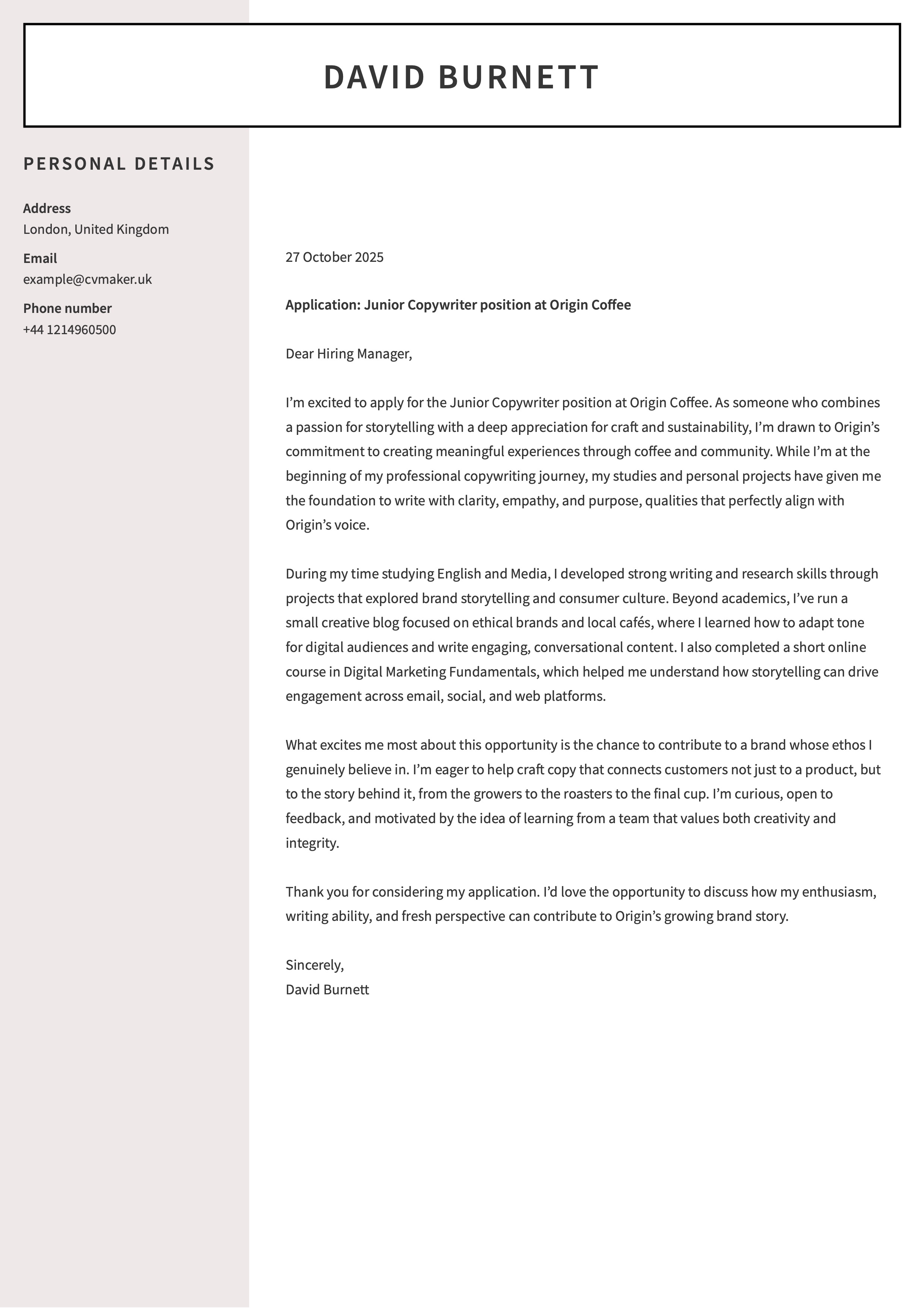 copywriter cover letter example with no experience