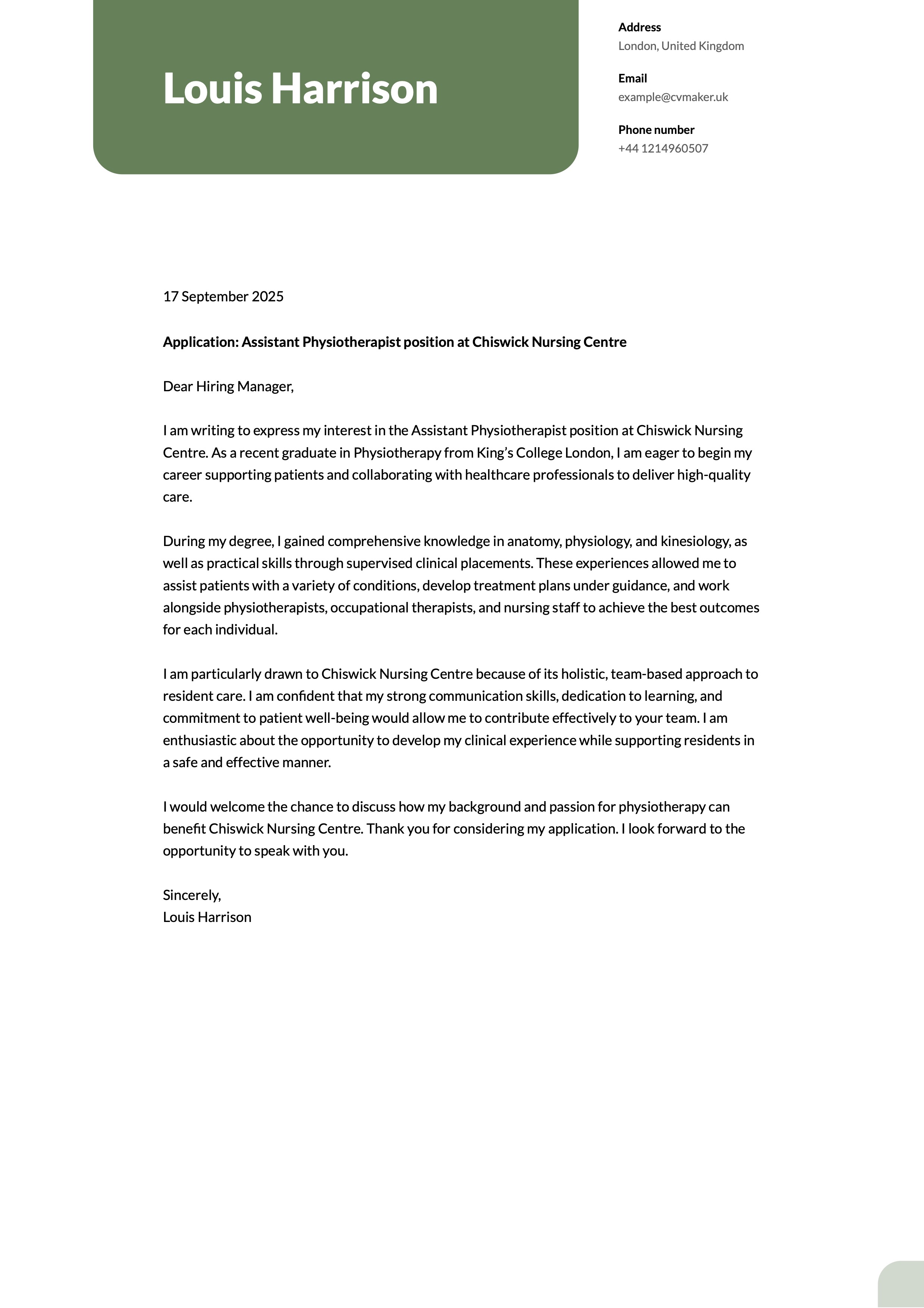 physiotherapist cover letter example with no experience
