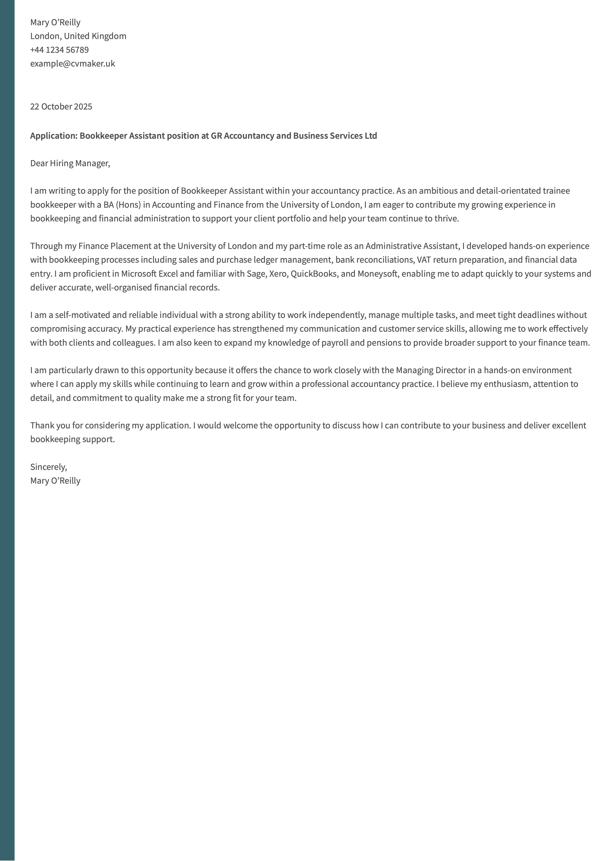 bookkeeper cover letter example with no experience