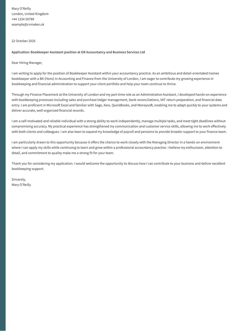 bookkeeper cover letter example with no experience