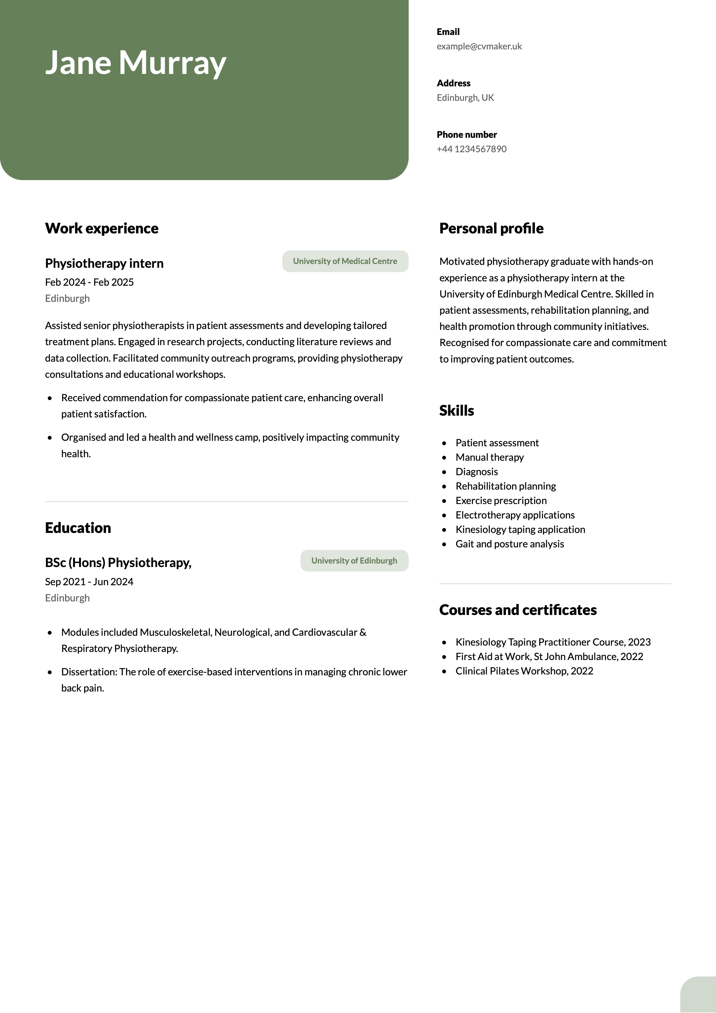 physiotherapist cv example with no experience
