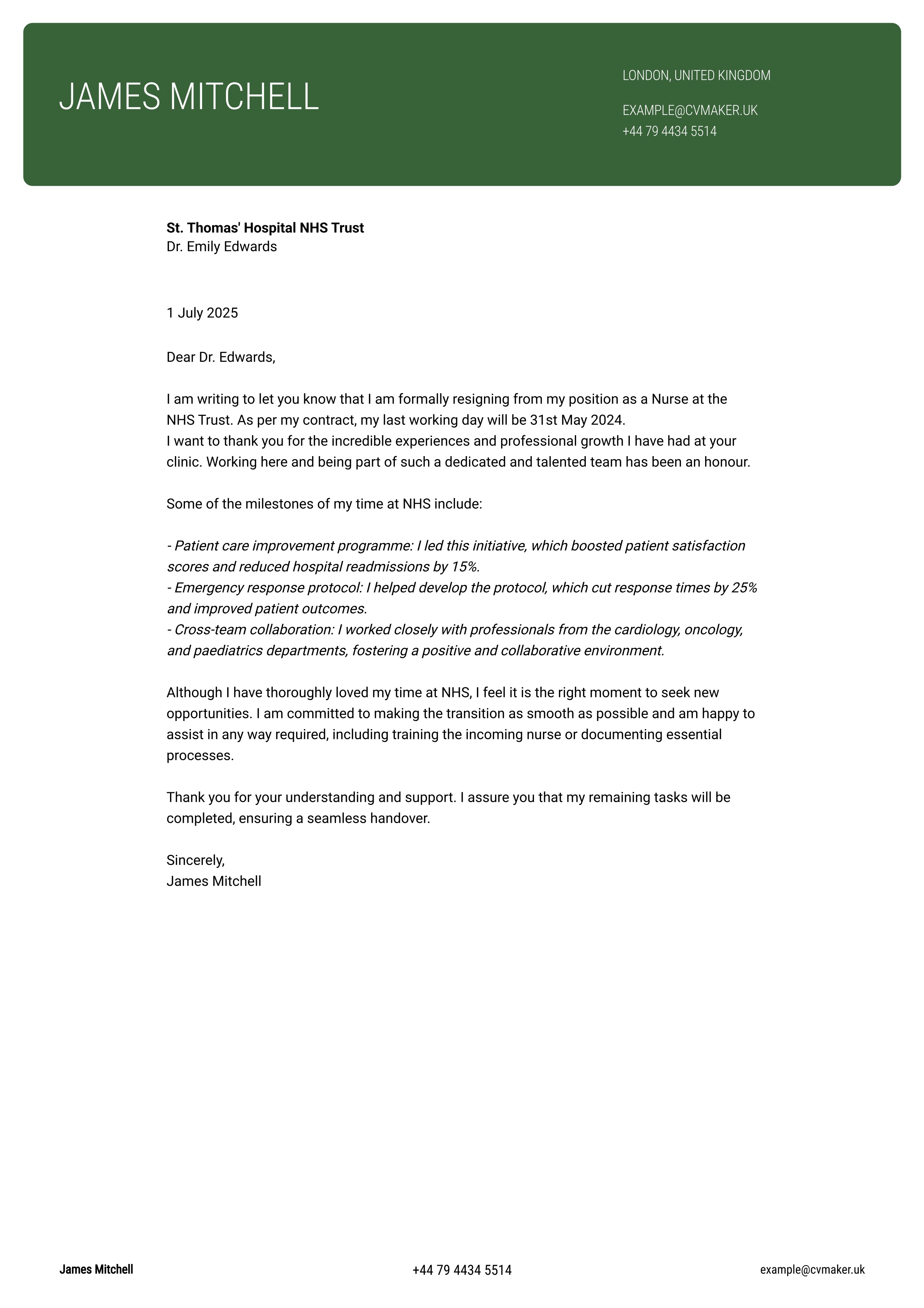 NHS resignation letter example