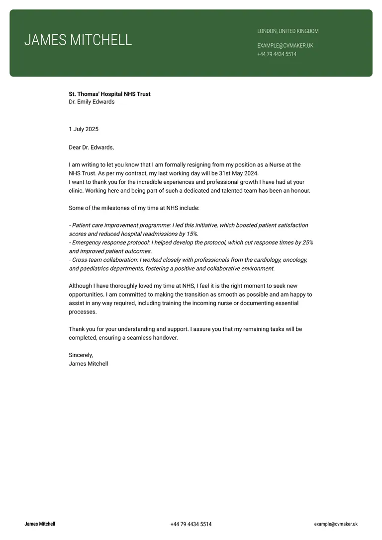 NHS resignation letter example