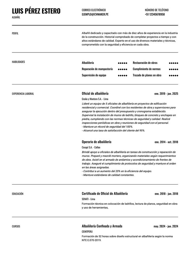 ejemplo de CV para albañil