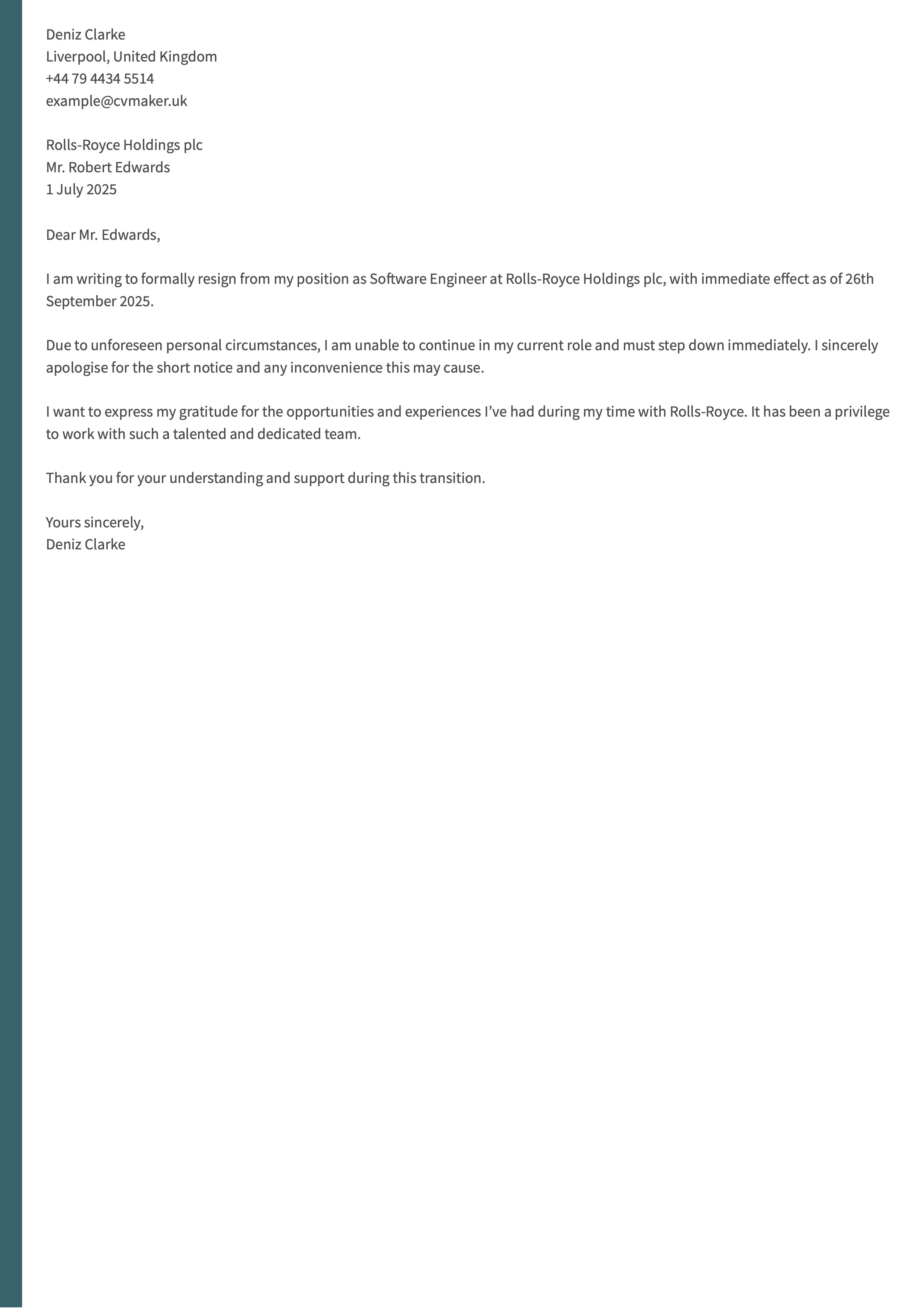 resignation letter example with immediate effect example