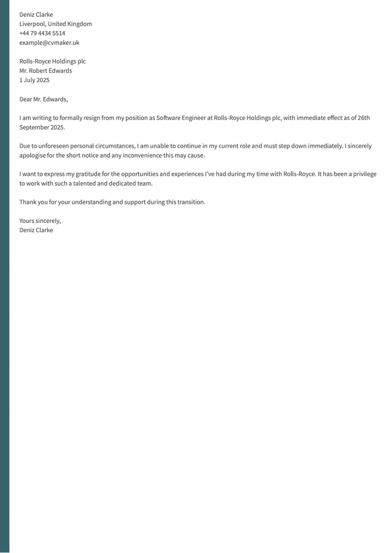 resignation letter example with immediate effect example